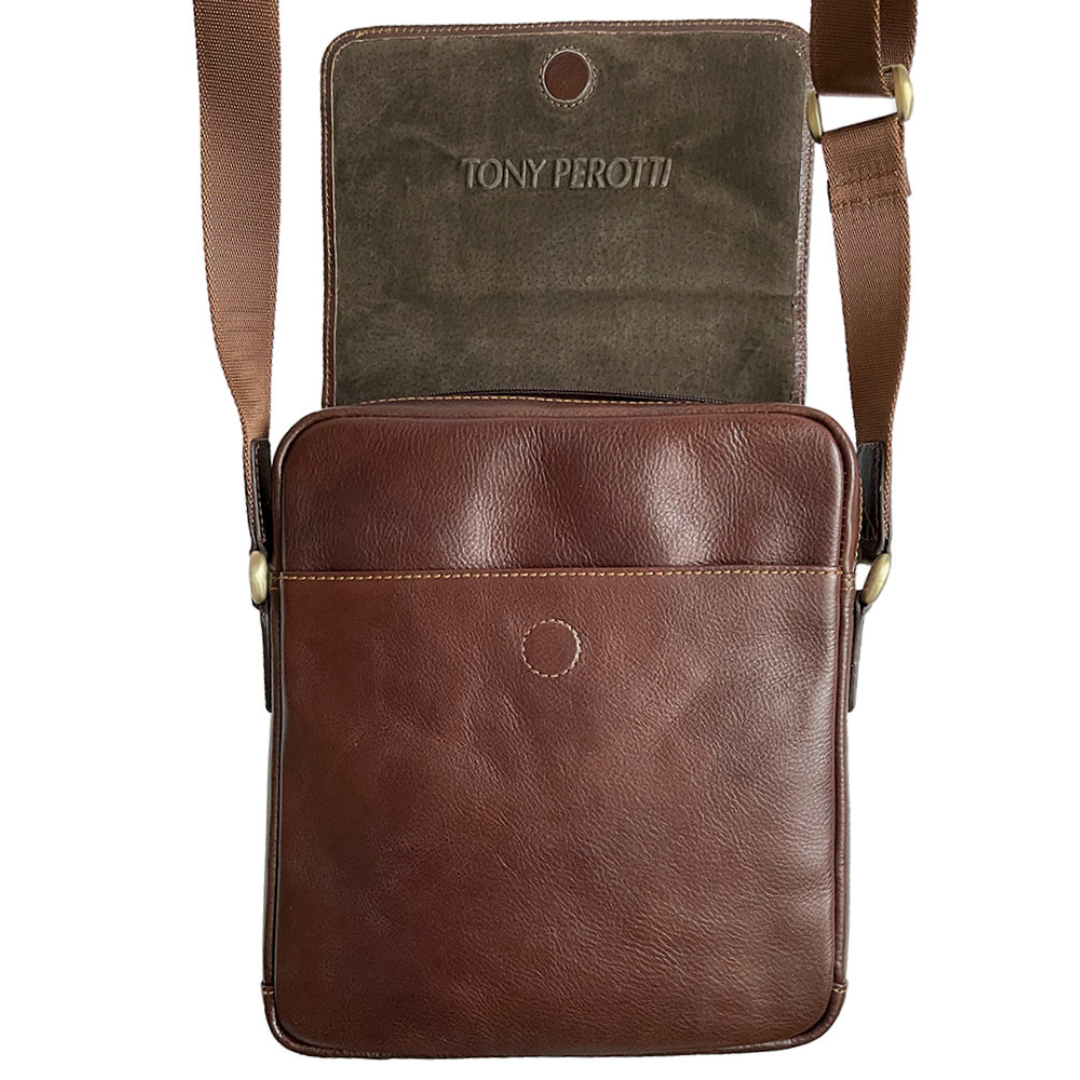 Tony Perotti men’s dark brown leather crossbody bag with a visible brand name on a white background
