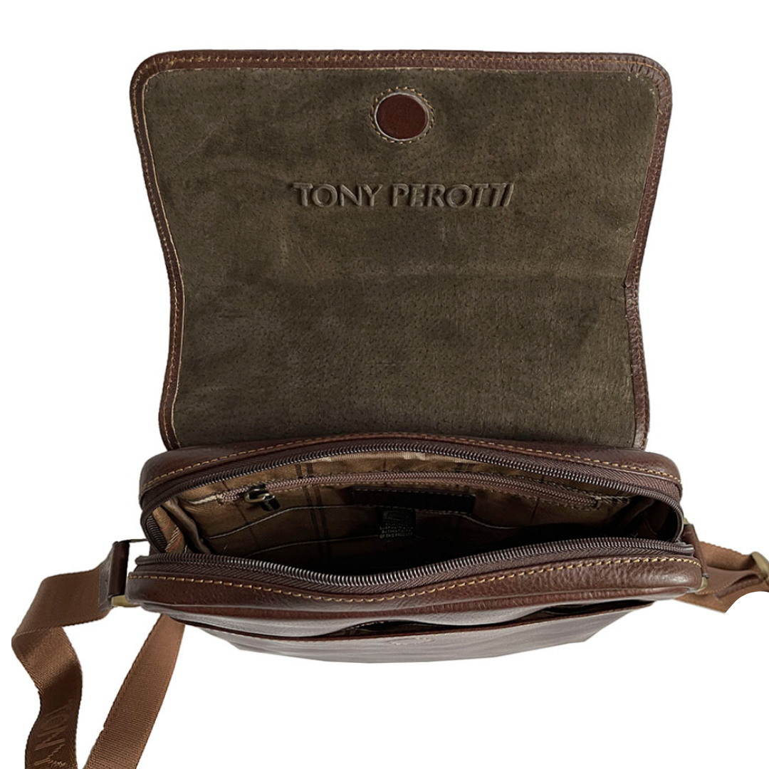Brown leather bag with 'TONY PEROTTI' branding on a white background