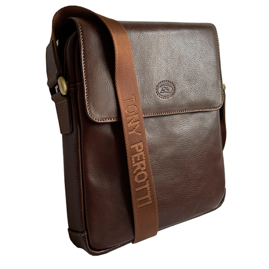 Tony Perotti men’s dark brown leather crossbody bag with a visible brand logo on a white background
