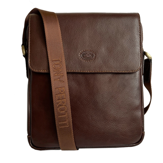 Tony Perotti men’s dark brown leather crossbody bag with a strap on a white background