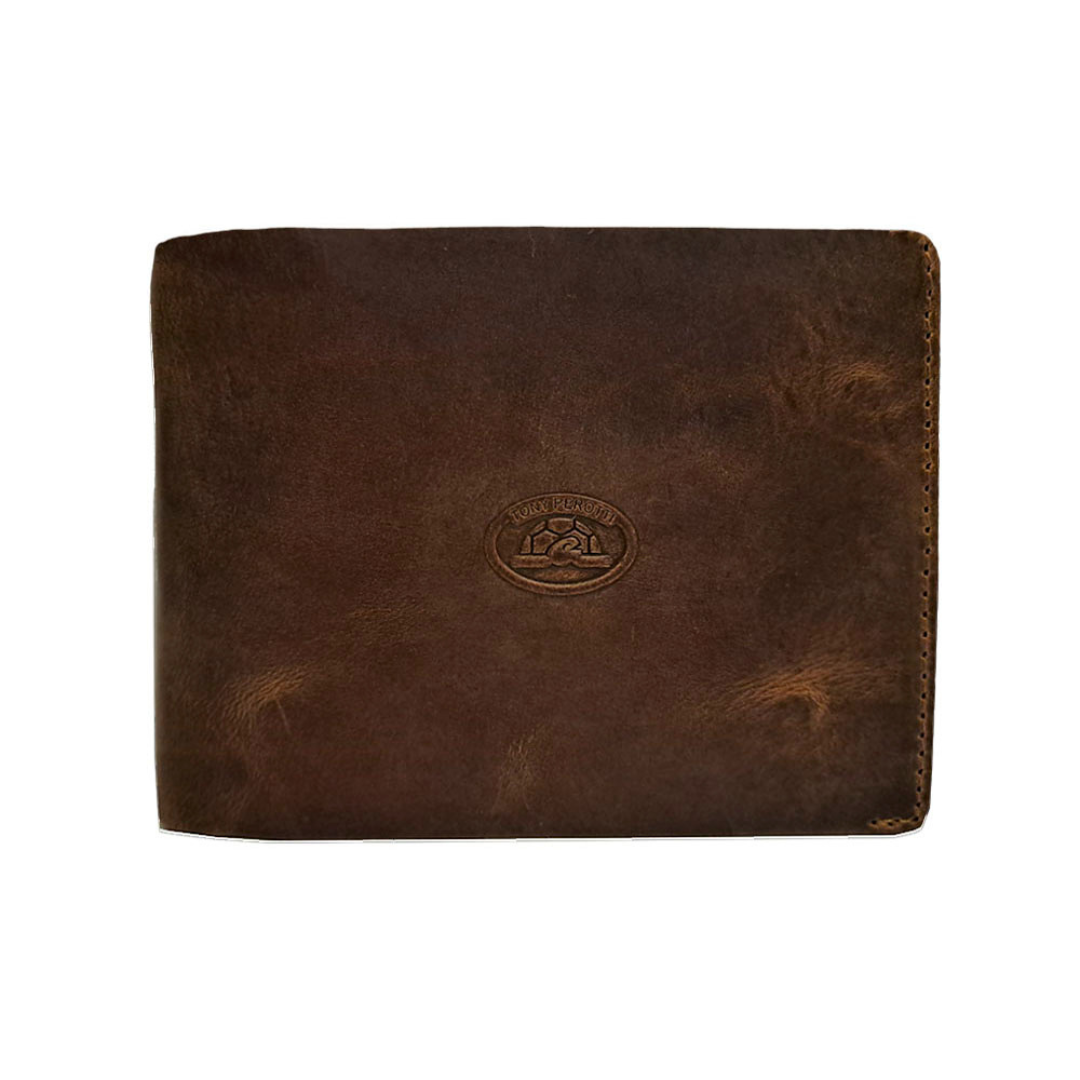 Tony Perotti men’s brown vintage-look leather wallet with a brand logo on a white background