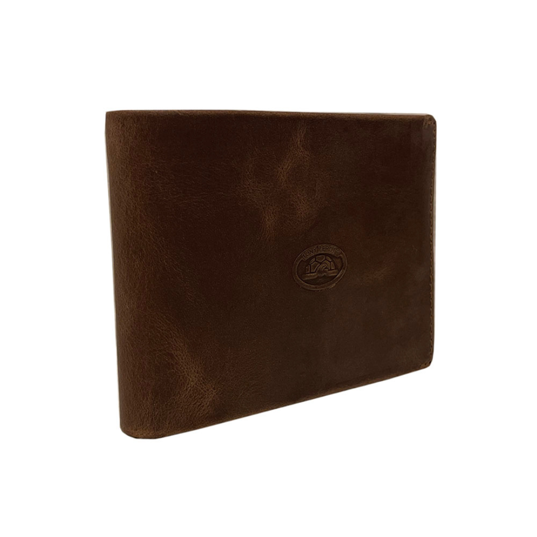 Tony Perotti men’s brown vintage-look leather wallet on a white background