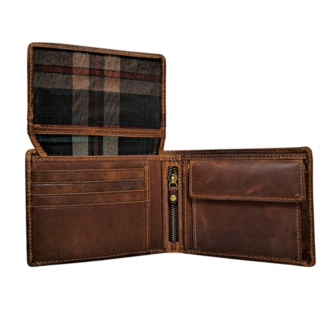 Tony Perotti men’s brown vintage-look leather wallet with plaid interior on a white background