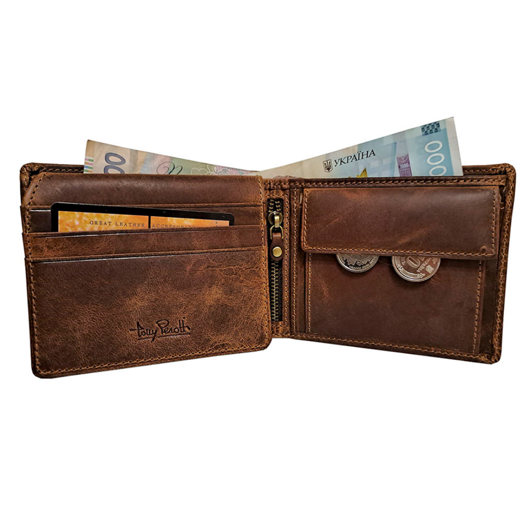 Tony Perotti men’s brown vintage-look leather wallet with money on a white background