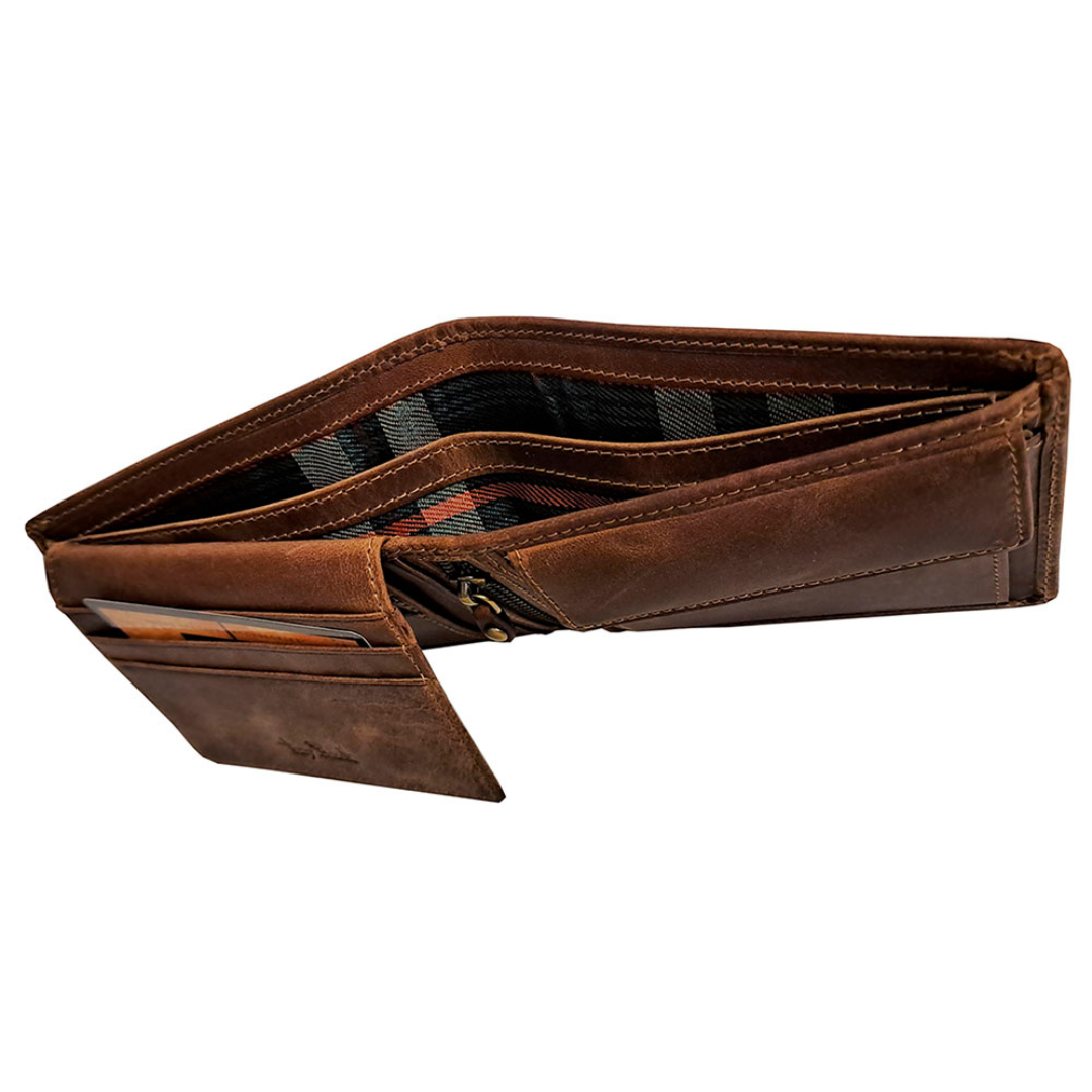Tony Perotti men’s brown vintage-look leather wallet with plaid lining on a white background