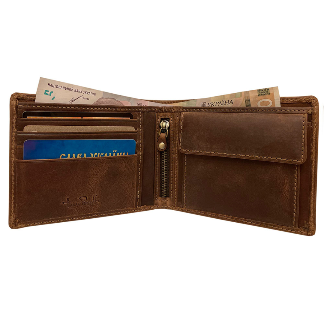 Tony Perotti Men’s Brown Vintage-Look Leather Bifold Wallet with Coin Pocket — Arno 534 whisky