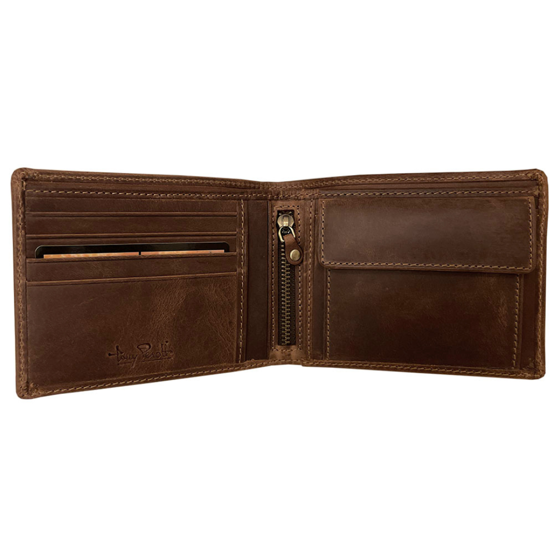 Tony Perotti Men’s Brown Vintage-Look Leather Bifold Wallet with Coin Pocket — Arno 534 whisky