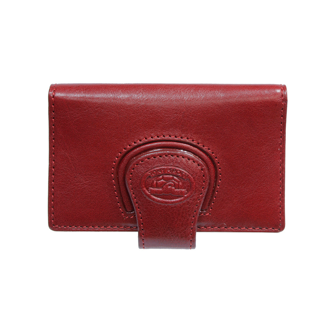 Tony Perotti Accademia 1440 rosso red leather business card holder — flap with a snap through a leather loop and the embossed turtle emblem