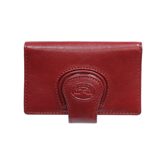 Tony Perotti Accademia 1440 rosso red leather business card holder — flap with a snap through a leather loop and the embossed oval Tony Perotti emblem