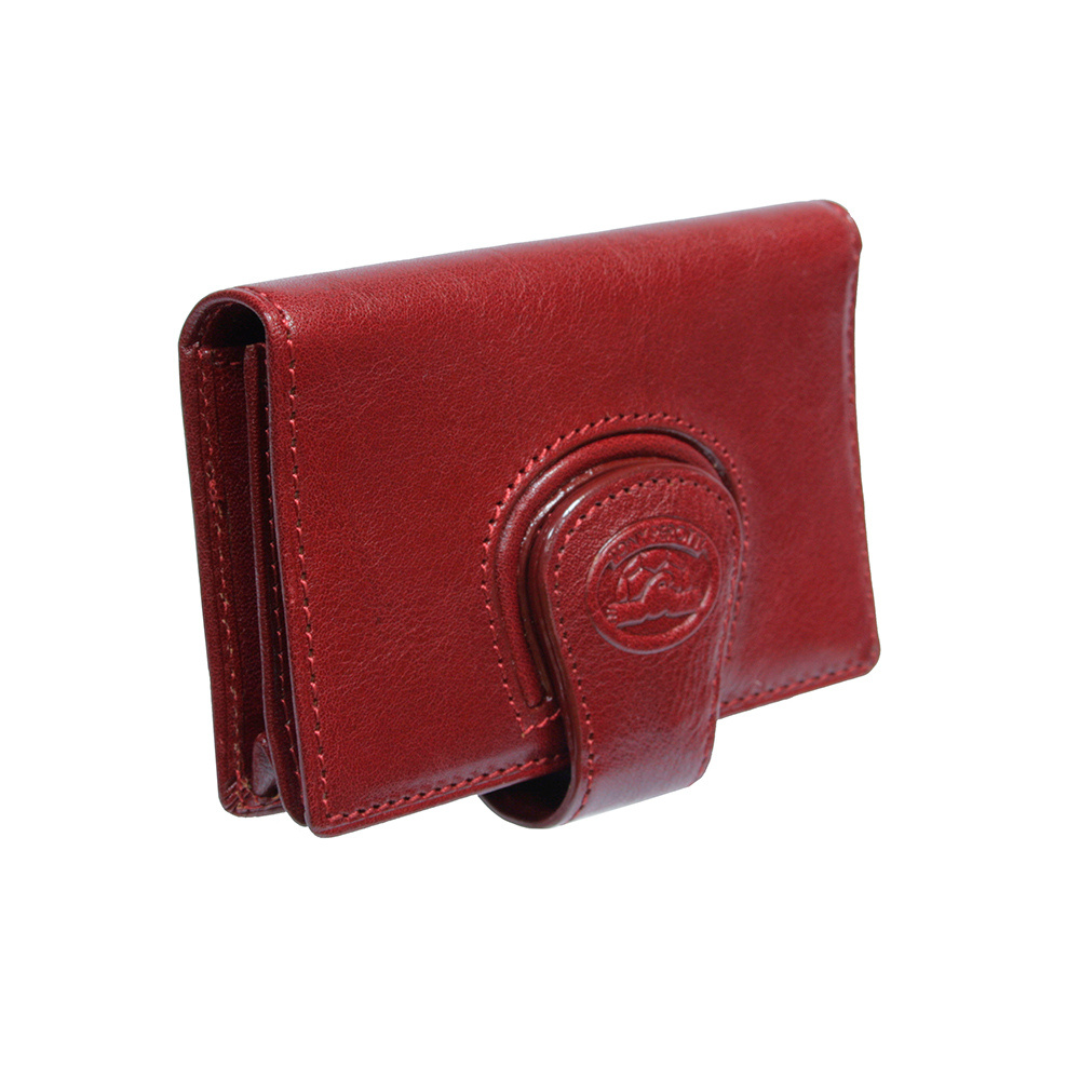 Red Tony Perotti Accademia 1440 business card holder at an angle — smooth bull leather with tonal red stitching and the signature loop clasp