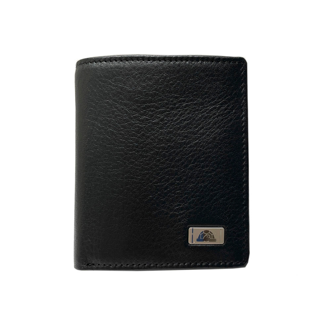 Tony Perotti unisex black leather compact wallet with a brand logo on a white background
