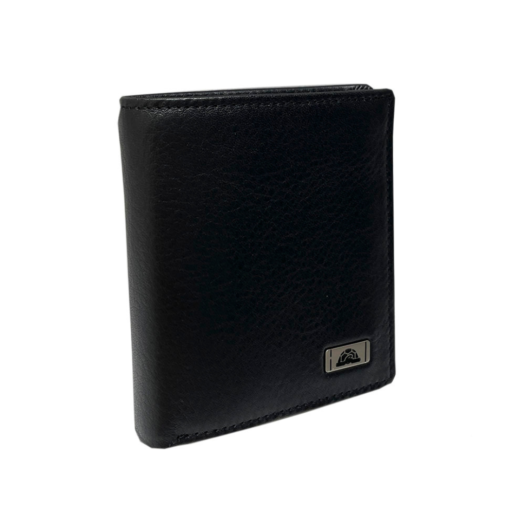 Tony Perotti unisex black leather compact wallet with a brand logo on a white background