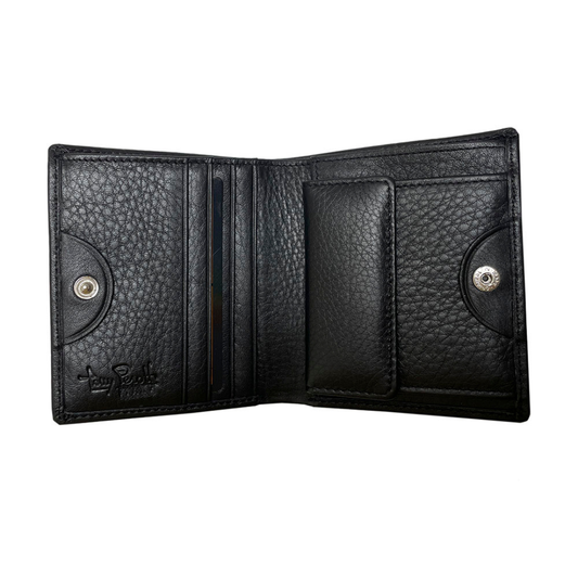 Tony Perotti unisex black leather compact wallet open on a white background