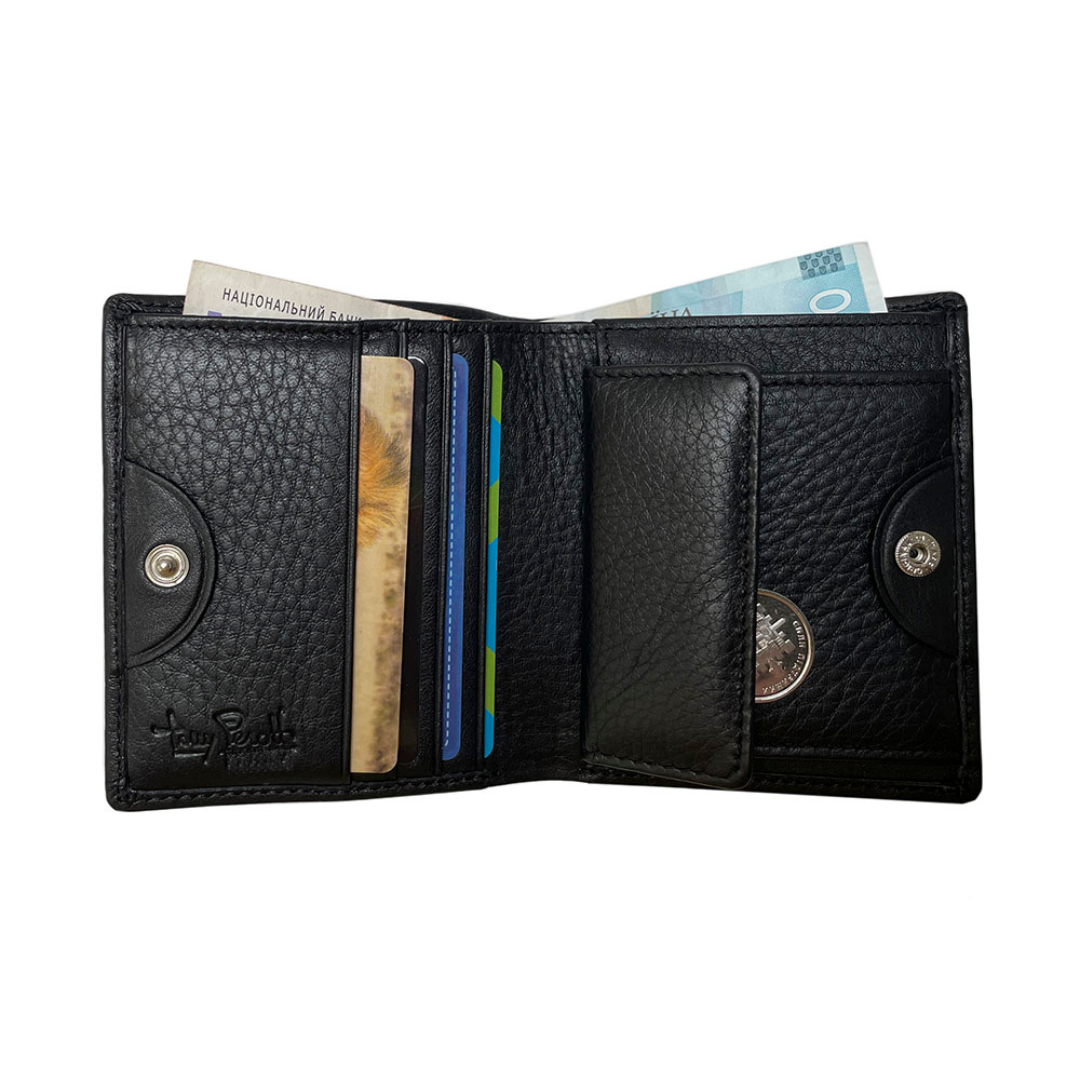 Tony Perotti unisex black leather compact wallet with coins and cards on a white background