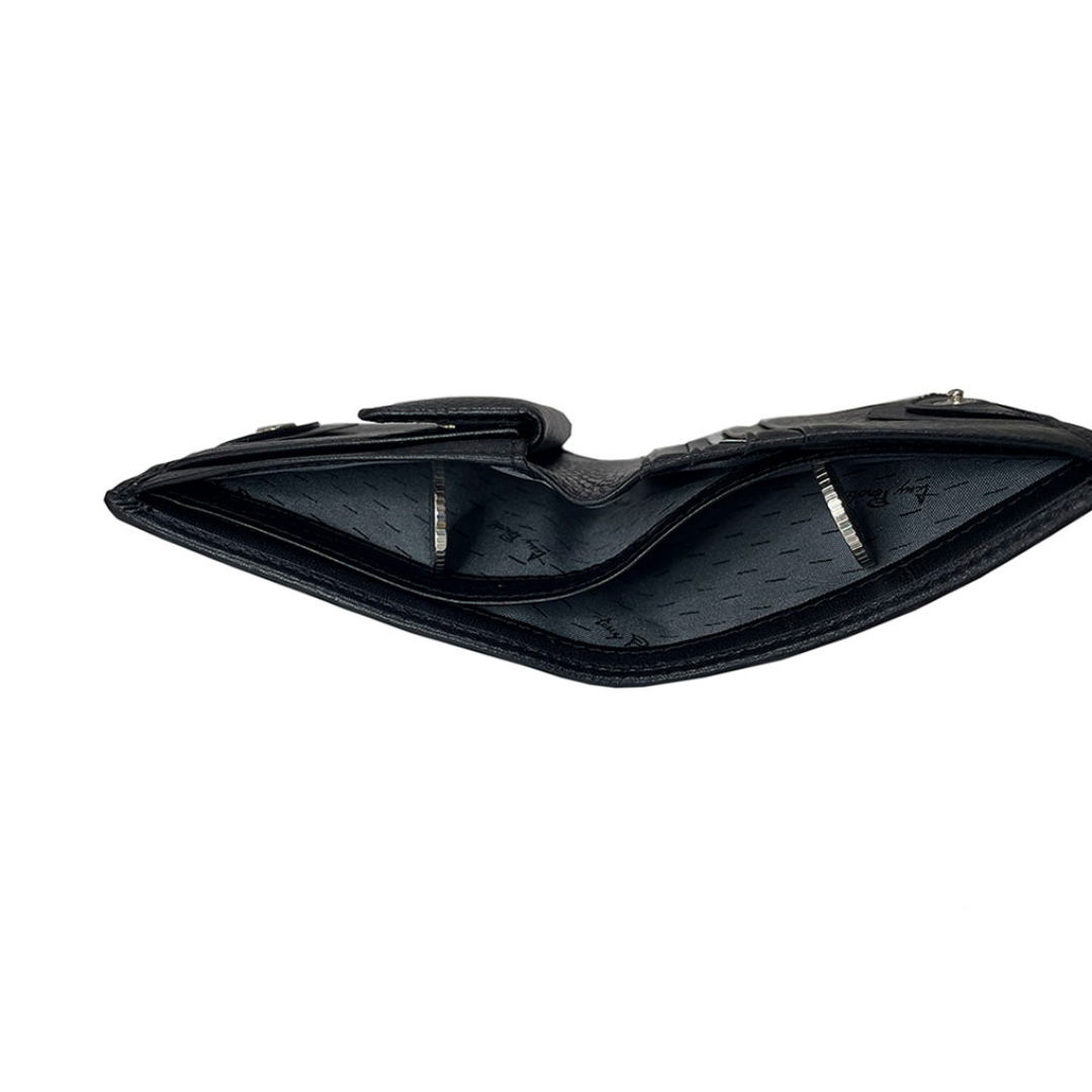 Tony Perotti unisex black leather compact wallet on a white background