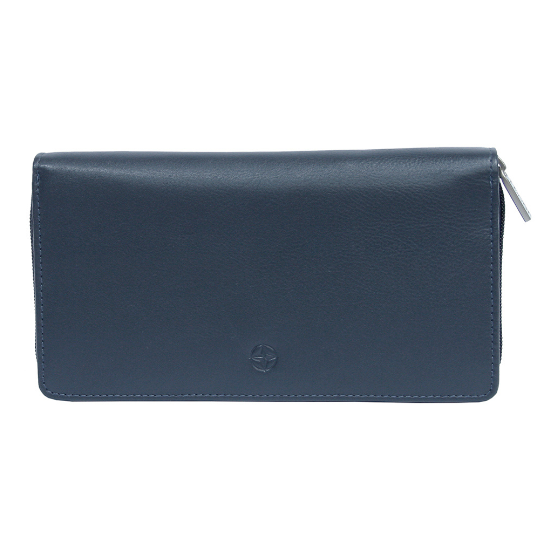 Tony Perotti dark blue leather zip-around wallet with a brand logo on a white background