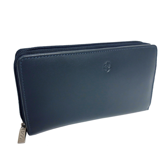 Tony Perotti dark blue leather zip-around wallet with a brand logo on a white background