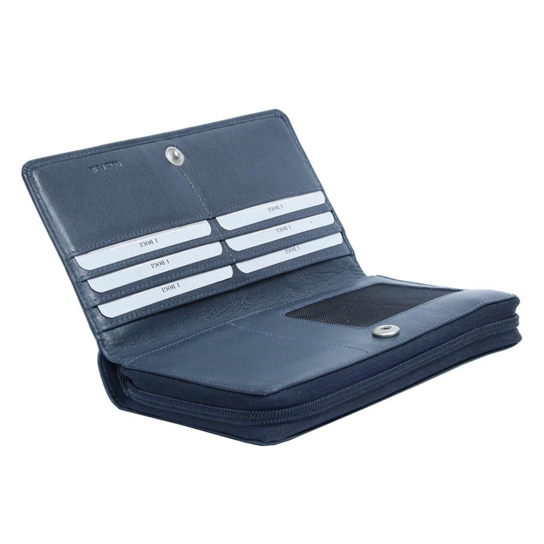 Tony Perotti dark blue leather zip-around wallet with card slots on a white background