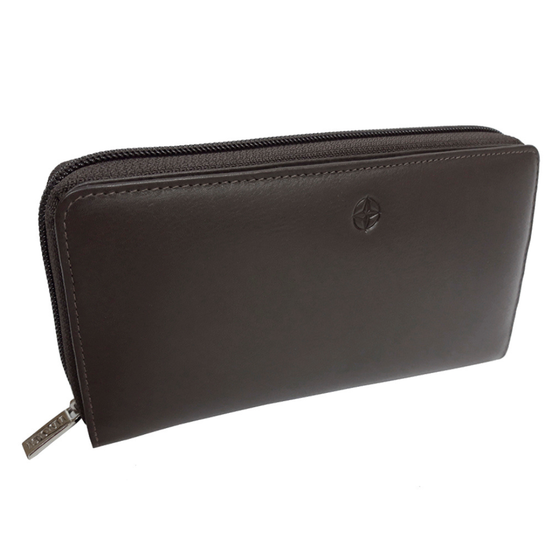 Tony Perotti brown leather zip-around wallet with flap and a brand logo on a white background