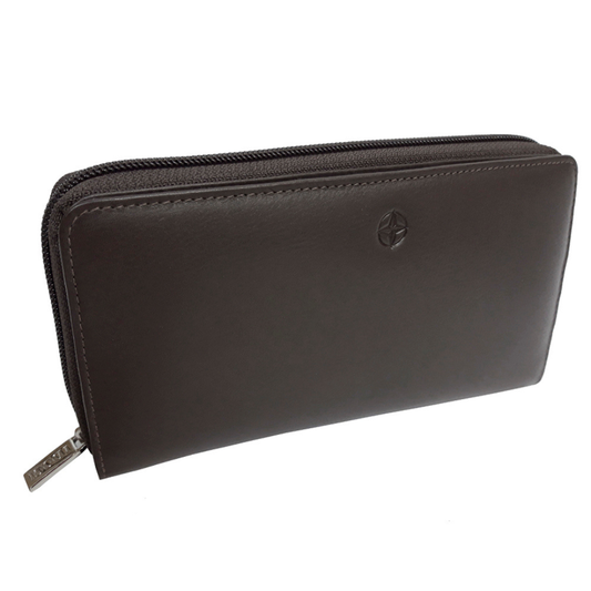 Tony Perotti brown leather zip-around wallet with flap and a brand logo on a white background