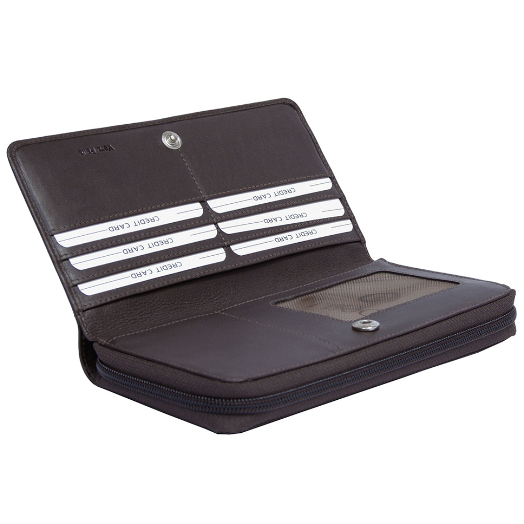 Tony Perotti brown leather wallet with card slots on a white background