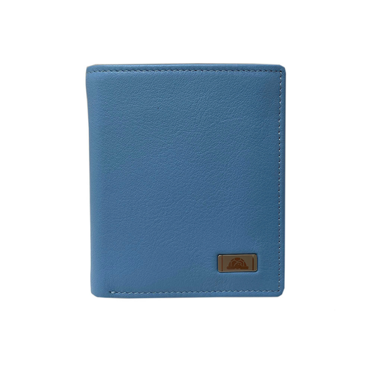 Tony Perotti light blue leather compact wallet with a brand logo on a white background