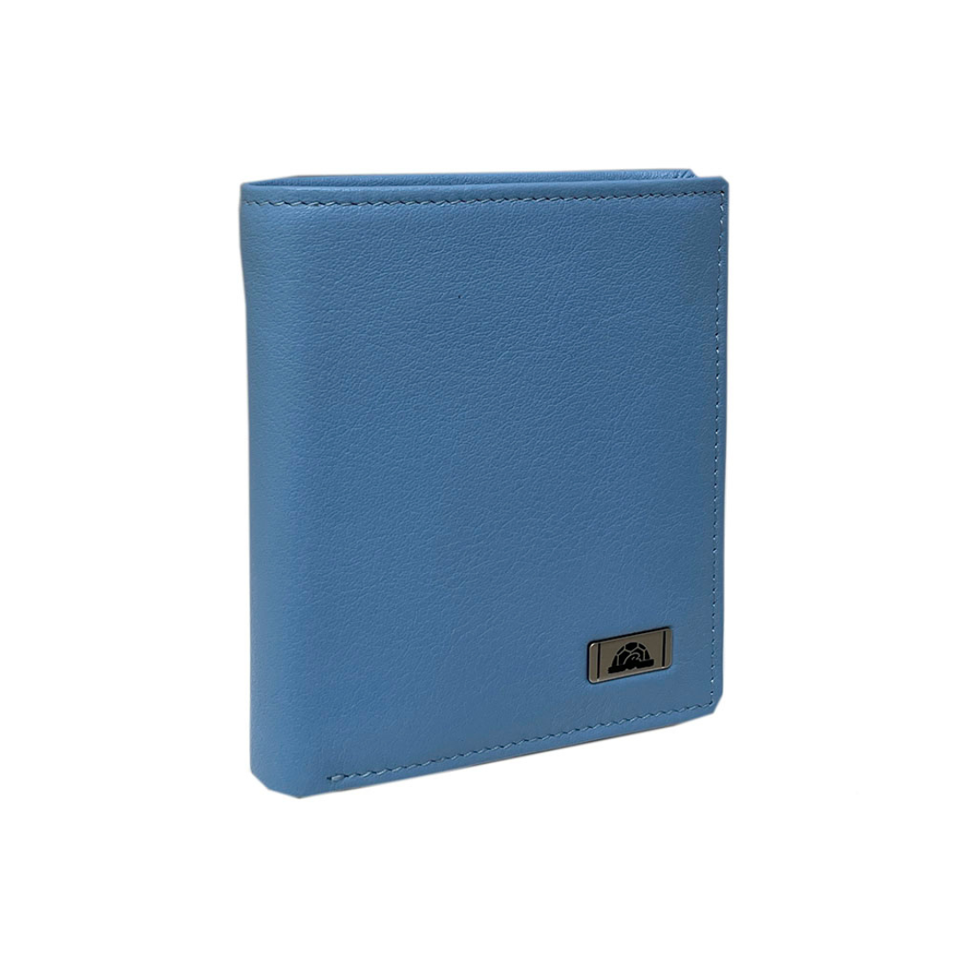 Tony Perotti light blue leather compact wallet with a brand logo on a white background