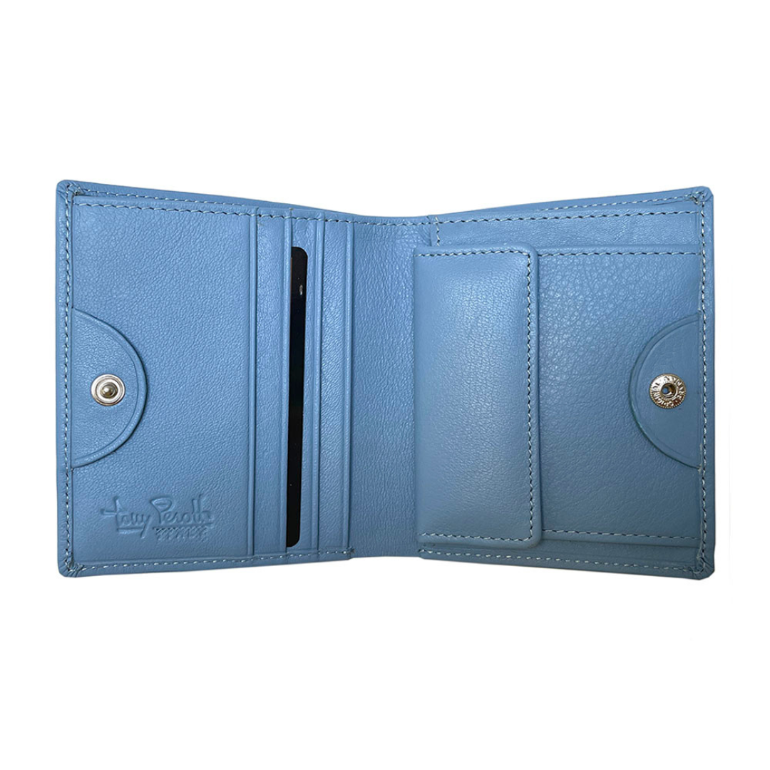 Tony Perotti light blue leather compact wallet with a visible brand logo on a white background