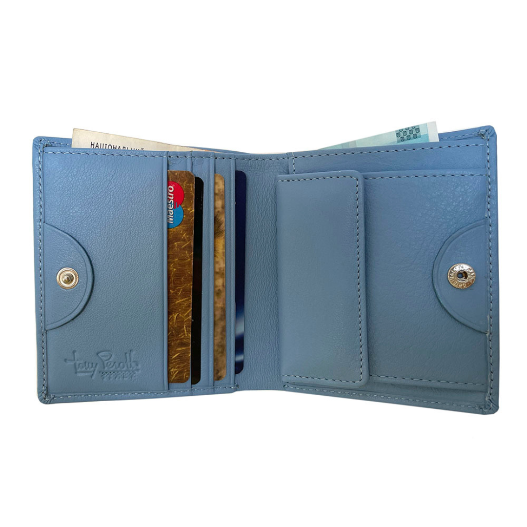 Tony Perotti light blue leather compact wallet with card slots and a coin pocket on a white background