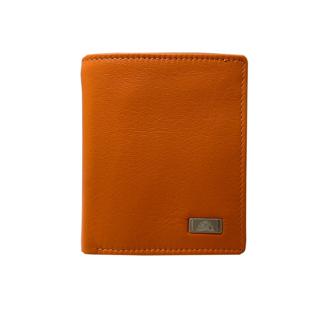 Tony Perotti orange leather compact wallet with a brand logo on a white background