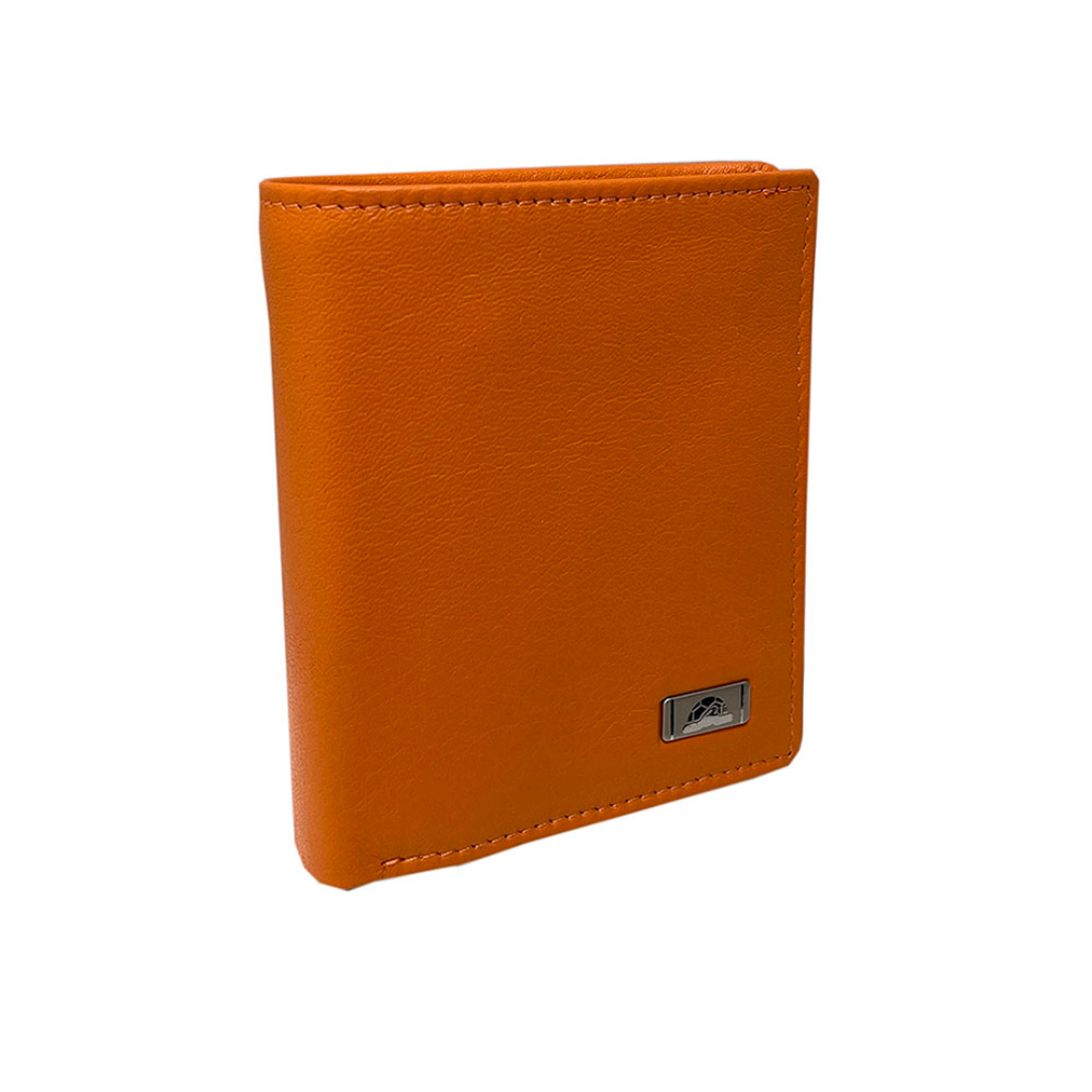Tony Perotti orange leather compact wallet with a brand logo on a white background