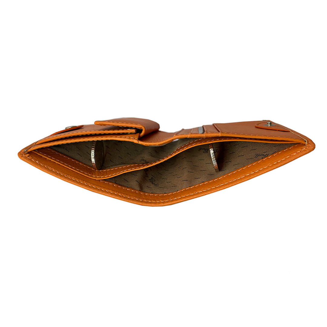 Tony Perotti orange leather compact wallet on a white background