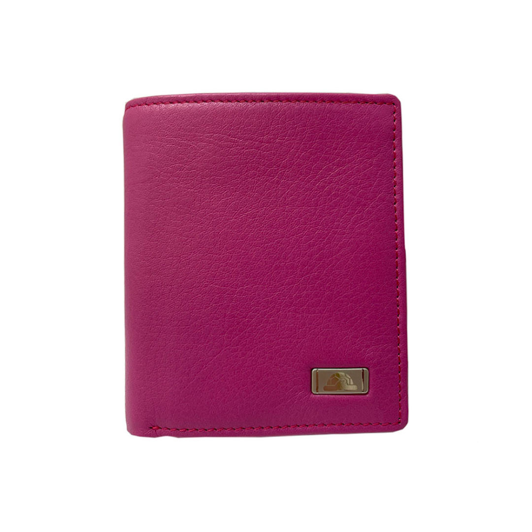 Tony Perotti pink leather wallet with a silver logo tag on a white background