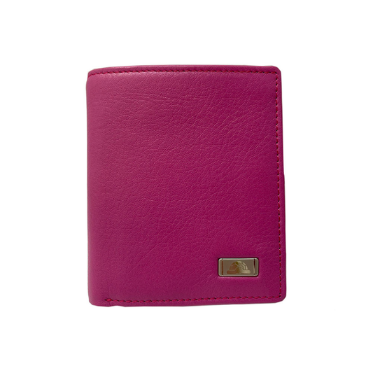 Tony Perotti pink leather wallet with a silver logo tag on a white background