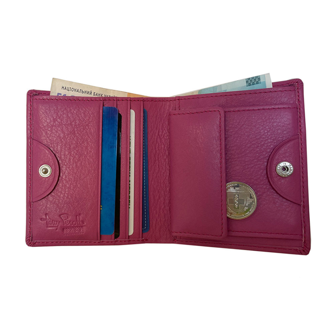 Tony Perotti pink leather wallet with various cards and a coin pocket