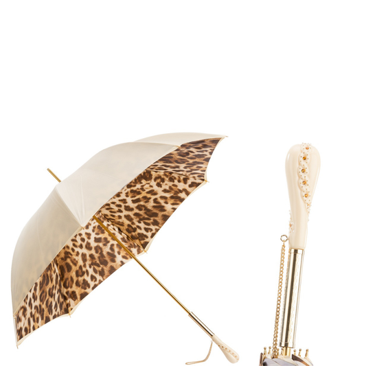 Pasotti women’s cream leopard cane umbrella with yellow Swarovski crystal handle