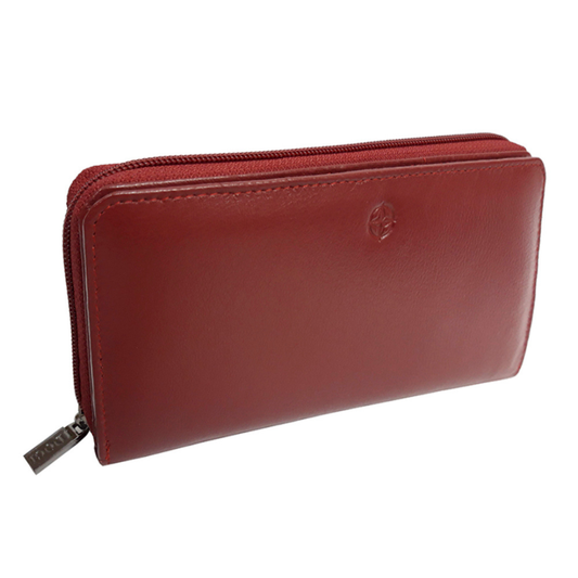 Tony Perotti women’s red leather zip-around wallet with flap on a white background