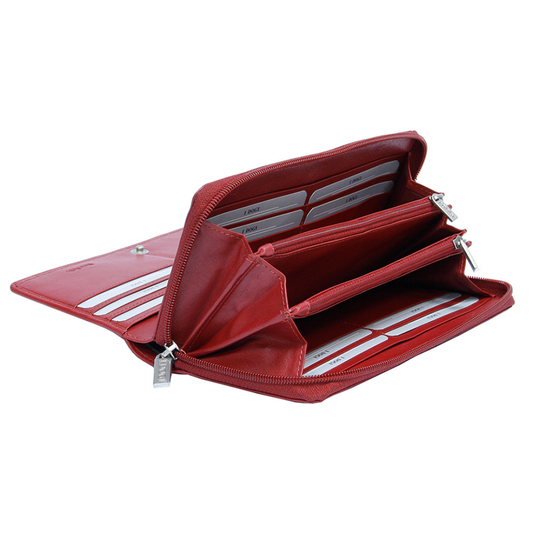 Open red wallet with multiple compartments on a white background