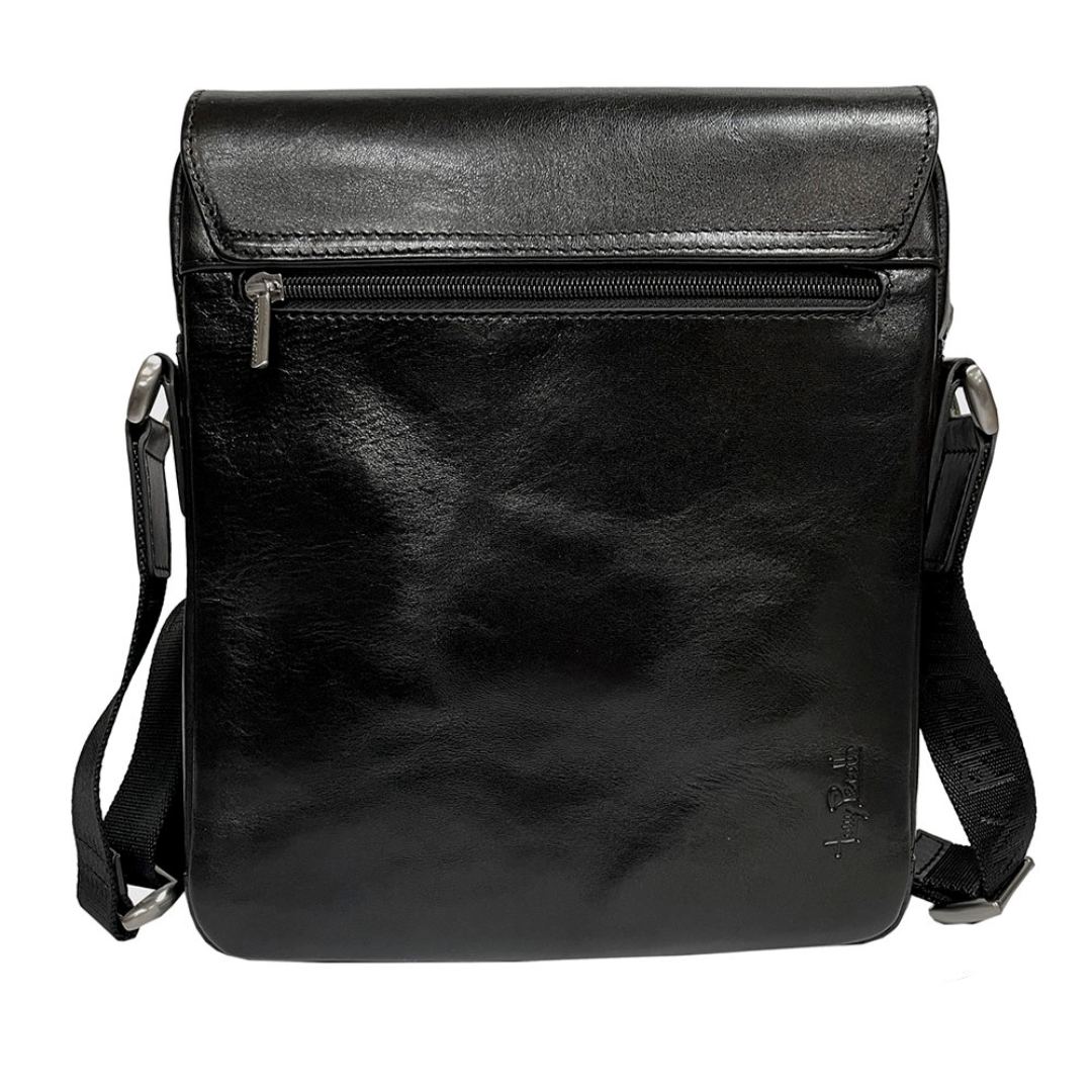 Tony Perotti men’s black leather crossbody bag on a white background