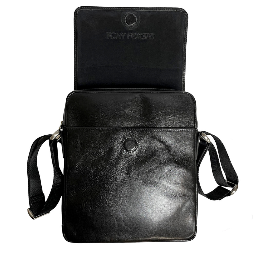 Tony Perotti men’s black leather crossbody bag with visible branding on a white background