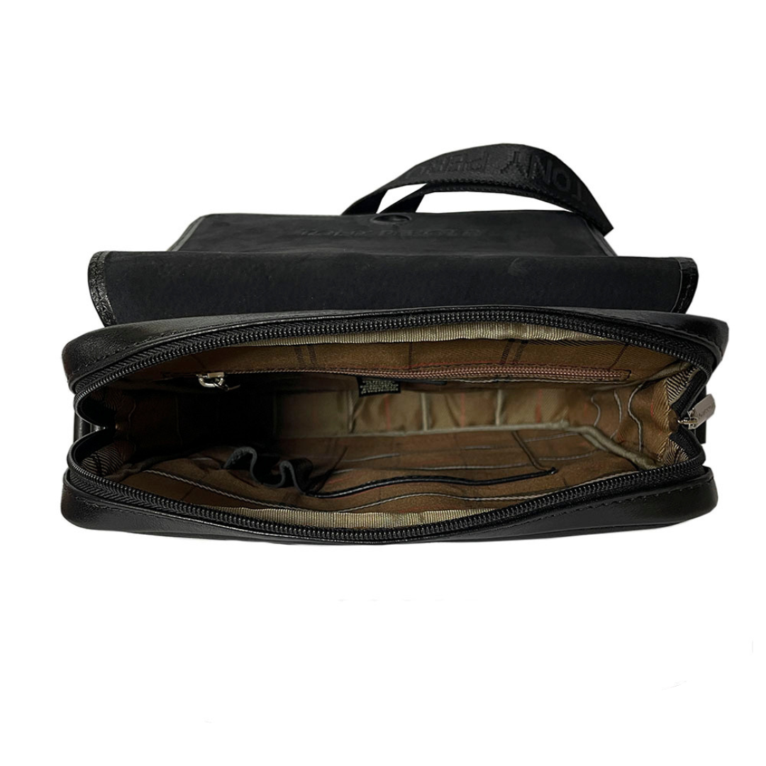 Tony Perotti men’s black leather crossbody bag with open interior on a white background