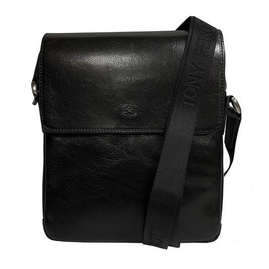 Tony Perotti men’s black leather crossbody bag with visible brand name on a white background