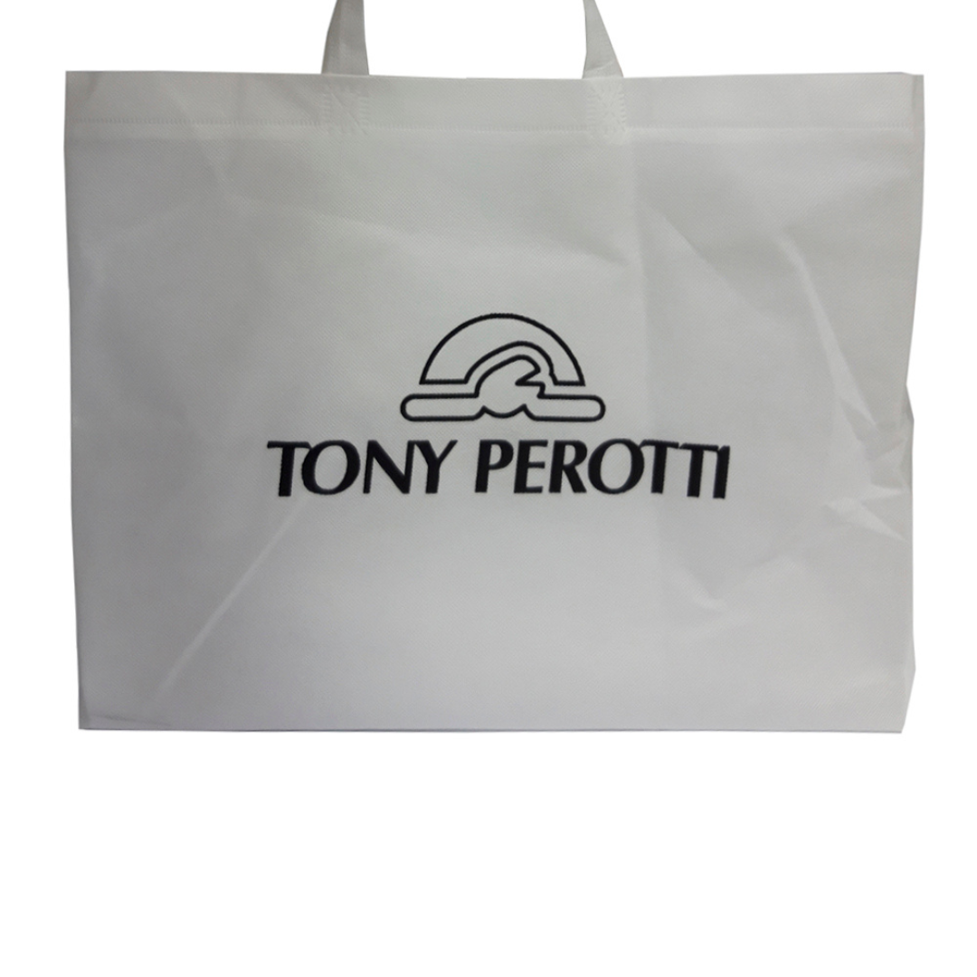 White tote bag with 'Tony Perotti' logo on a white background