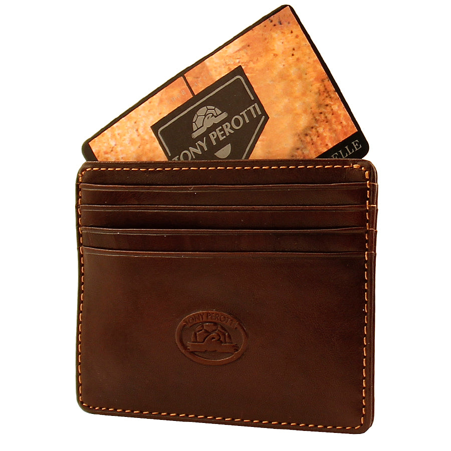 Dark brown leather card holder at an angle with Tony Perotti brand card in the slot — Italico 2236 moro