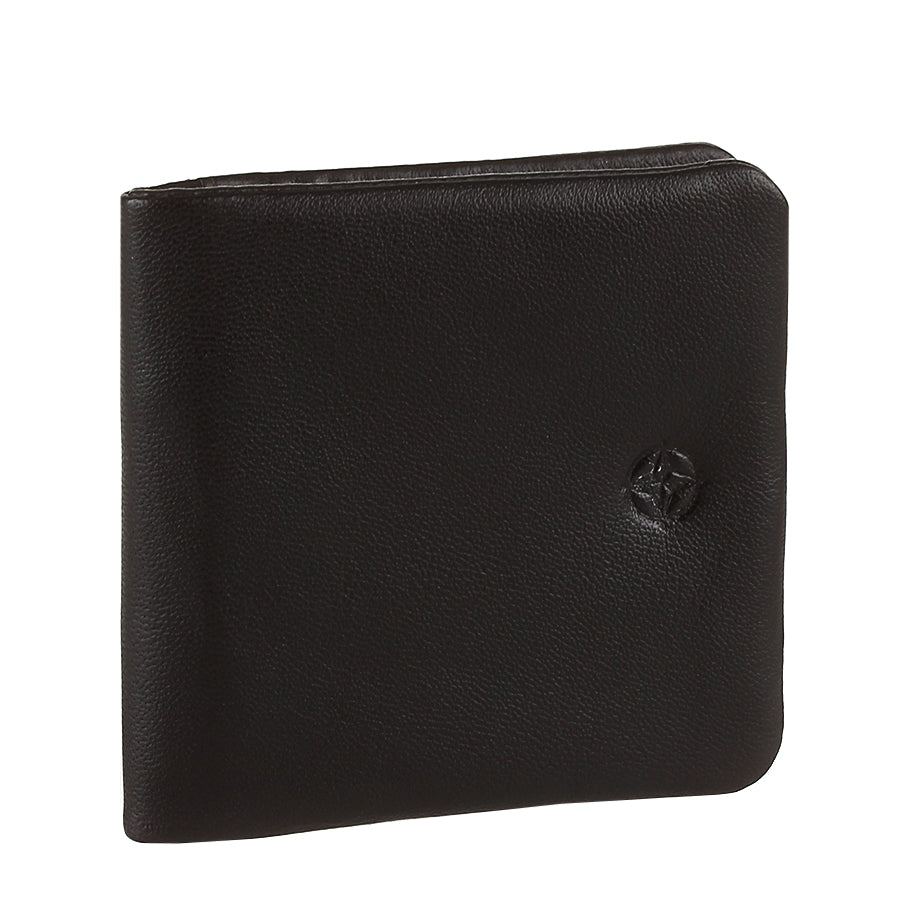 Dark brown Tony Perotti Cortina 5080 moro coin pouch at an angle showing the fold and the pebbled grain