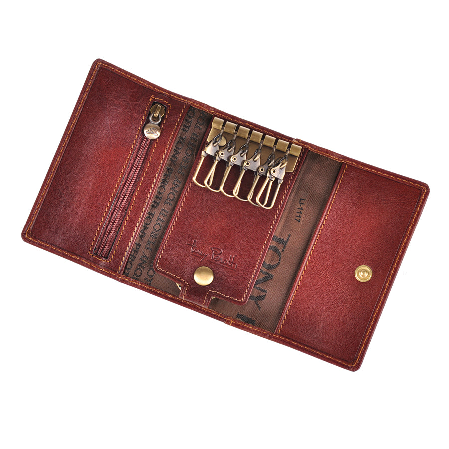 Cognac leather key case open with six brass swivel key hooks and a zip pocket — Tony Perotti Italico 1117 cognac