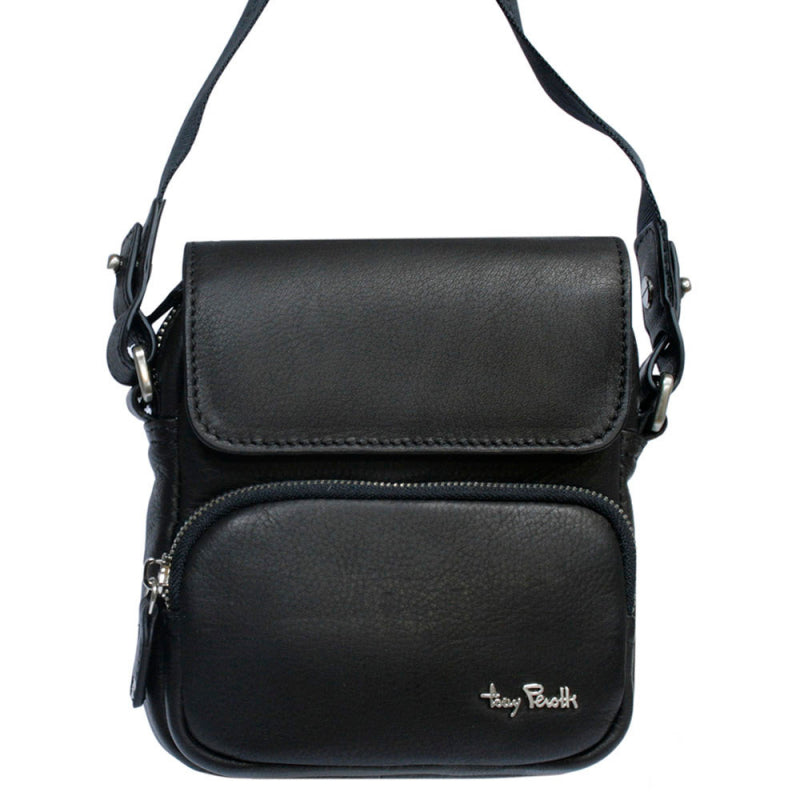 Black Tony Perotti Contatto 9150-14 small leather crossbody bag seen straight on — snap flap, front zip pocket with the metal Tony Perotti signature, jacquard strap