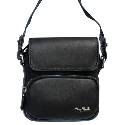 Black Tony Perotti Contatto 9150-14 small leather crossbody bag seen straight on — snap flap, front zip pocket with the metal Tony Perotti signature, jacquard strap