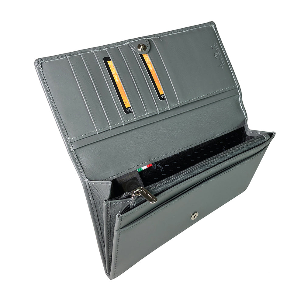Gray New Rainbow flap wallet at an angle showing snap closure