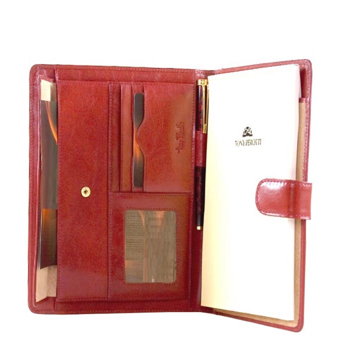 Red Italico 2590 opened — flap pocket on a press stud, card slots, clear window, pen and the Tony Perotti notepad
